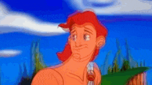 a cartoon of a man with red hair and a very long neck .