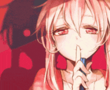 a girl with pink hair holds her finger to her lips