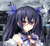 a purple haired anime girl with glasses and a blue bow
