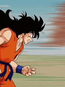 a cartoon drawing of a man in an orange shirt with a blue belt