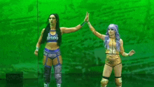 two women in wrestling outfits are standing next to each other on a green background .