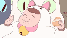 a cartoon character is wearing a cat costume and eating a pie .