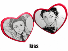 a heart shaped mirror with a picture of a man and the word kiss underneath it