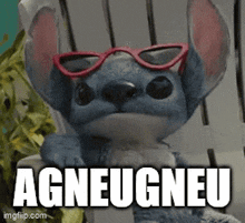 a stuffed animal with red sunglasses and the word agneufneu on it
