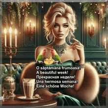 a woman sitting at a table with a cup of coffee