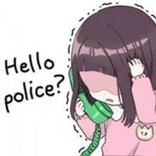 a girl is talking on a green telephone and says `` hello police '' .