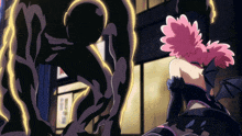 a cartoon drawing of a woman with pink hair standing next to a demon