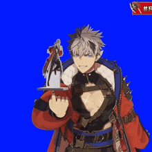 a man in a red jacket is giving the middle finger in front of a blue screen