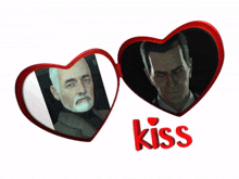 two red hearts with a picture of two men and the word kiss on the bottom