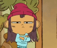 a cartoon girl wearing a pink beanie and a blue sweater has her arms crossed