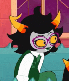 a cartoon character with horns and glasses is sitting on a couch