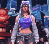 a woman in a purple crop top and a hoodie is standing in front of a city .