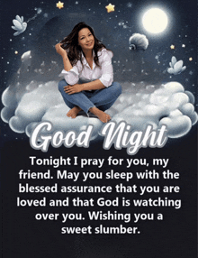 a picture of a woman sitting on a cloud with a good night message