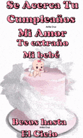 a pink cake with white feathers and a baby on top