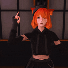 a girl with red hair is wearing a black hoodie