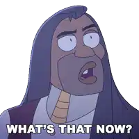 a cartoon of a man with long hair and the words " what 's that now "