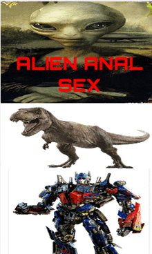 a picture of an alien next to a picture of a t-rex and a picture of optimus prime