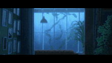 a room with a couch and a window with a plant in front of it