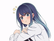 a drawing of a girl with blue hair and a speech bubble that says ps