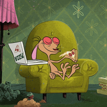 a cartoon character sits in a chair with a box of pizza on his lap