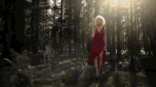 a woman in a red dress stands in a forest
