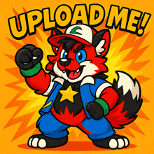 a cartoon of a fox wearing a hat that says upload me on it