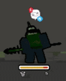 a cartoon character is holding a spear in a video game and has balloons coming out of his head .