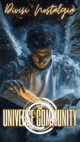 a poster of a man with wings reading a book with the words universe community at the bottom
