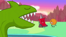 a cartoon of a green dinosaur with its mouth open and a red object in the background