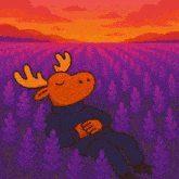 a moose laying in a field of purple flowers