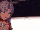 a girl with purple hair and blue eyes stands in front of a goal