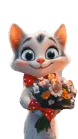 a cartoon cat is smiling while holding a bouquet of flowers