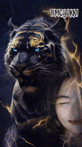 a black tiger is sitting on a woman 's head with lightning around it