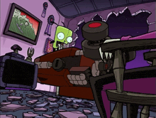a cartoon drawing of a room with a tv and a robot