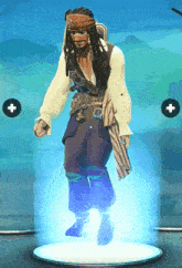 a pirate is standing in front of a blue background with a plus sign