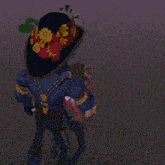 a cartoon character wearing a hat with flowers on it is standing next to another character