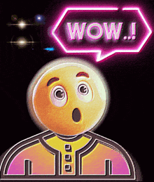 a surprised smiley face with a neon speech bubble that says wow