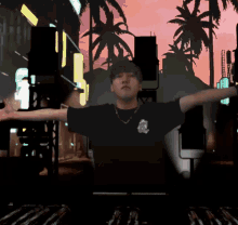 a man with his arms outstretched is wearing a black t-shirt with a skull on it