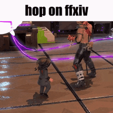 a man and a girl are dancing in a video game with the words hop on ffxiv above them