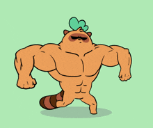 a cartoon drawing of a raccoon with big muscles and a heart on his head