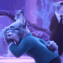 a cartoon lynx in a blue suit is standing in front of a purple background