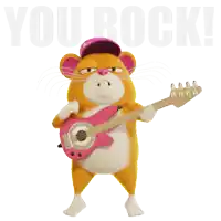 a cartoon mouse is holding a pink guitar in front of a sign that says you rock