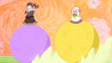a girl sitting on a ball of yarn next to a sheep