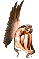 a naked angel with wings is kneeling down with her head on her knees