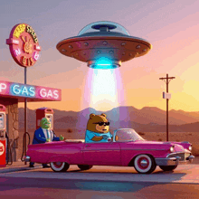 a pink car is parked in front of a gas station that says p gas gas