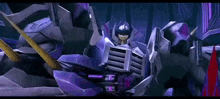 a purple robot is standing in a dark room with a sword .