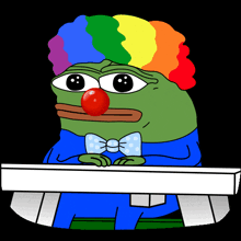 a cartoon frog with a rainbow wig and red nose