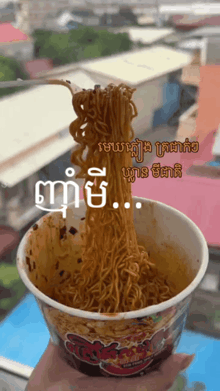 a person is holding a cup of noodles with foreign writing