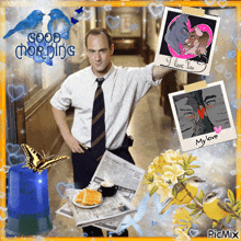 a man in a white shirt and tie is surrounded by pictures and flowers and a good morning message