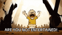 a cartoon duck is standing in front of a crowd with the words `` are you not entertained '' written below him .